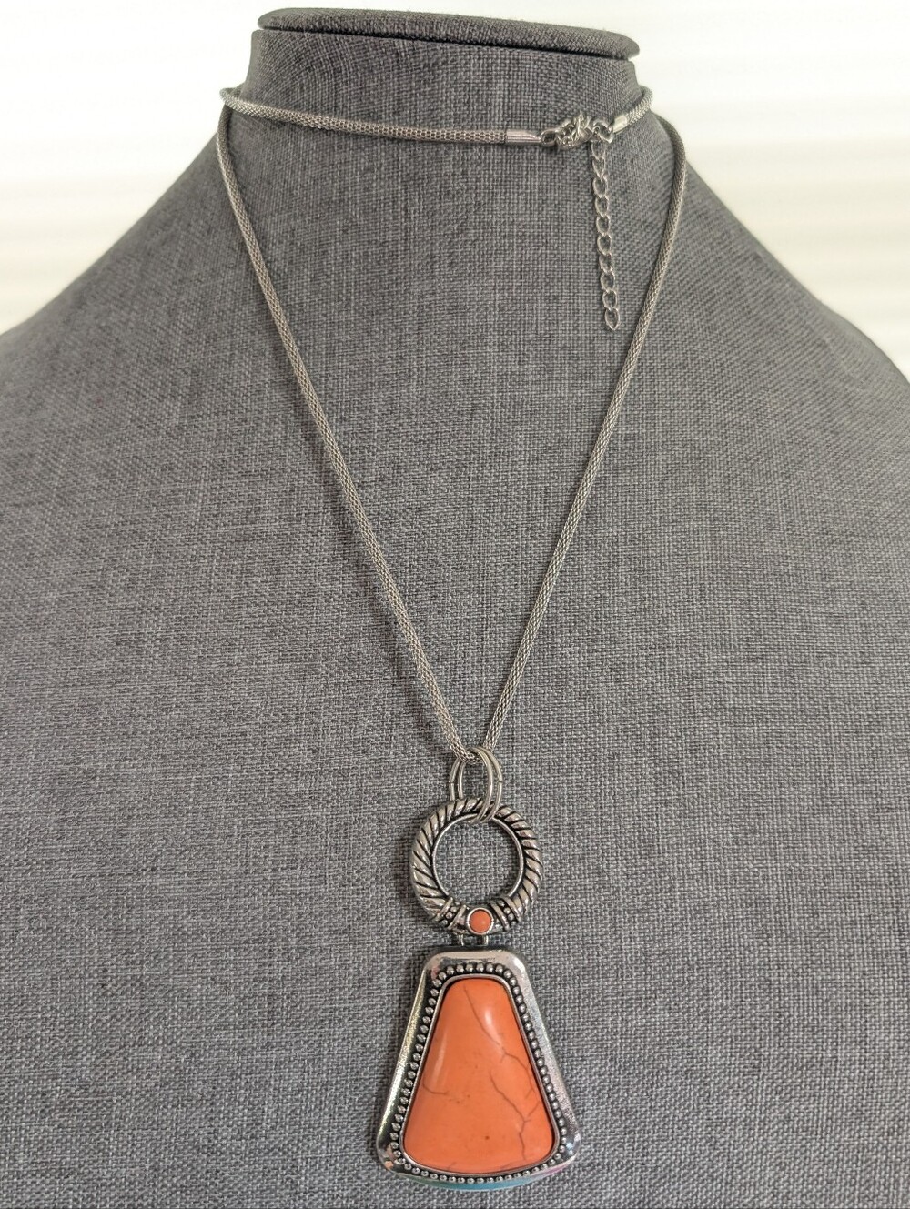Southwestern Western Silver Tone Ornate Faux Stone Chunky Pendant Long Necklace